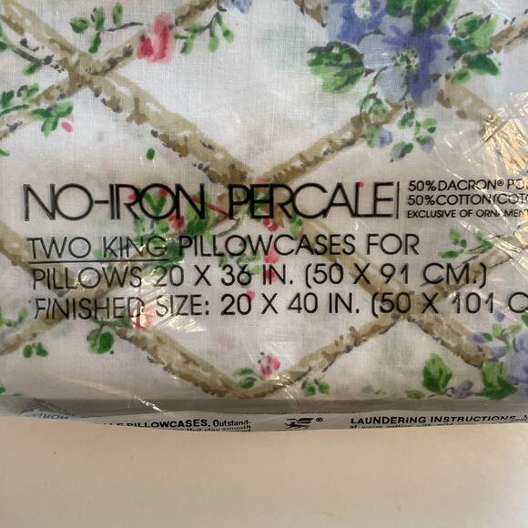 Martex NEW No-Iron Percale 2 King Pillowcases White Floral NIP Vintage Deadstock - Picture 3 of 3